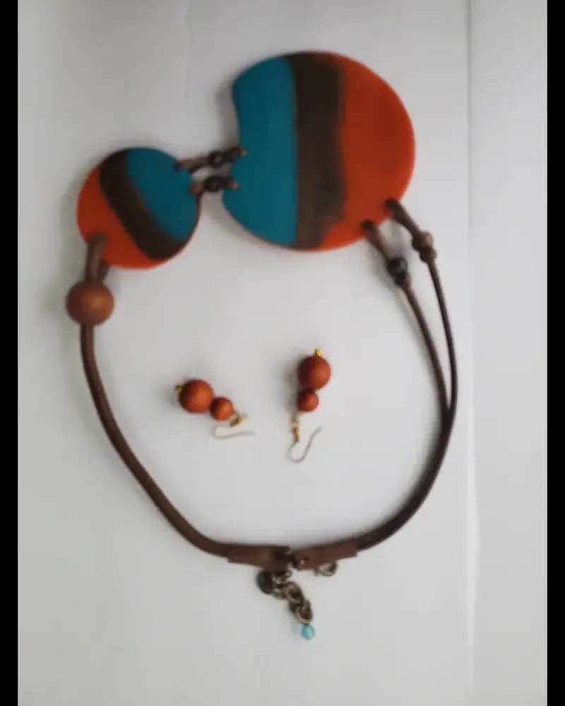 Leather clay teal orange necklace