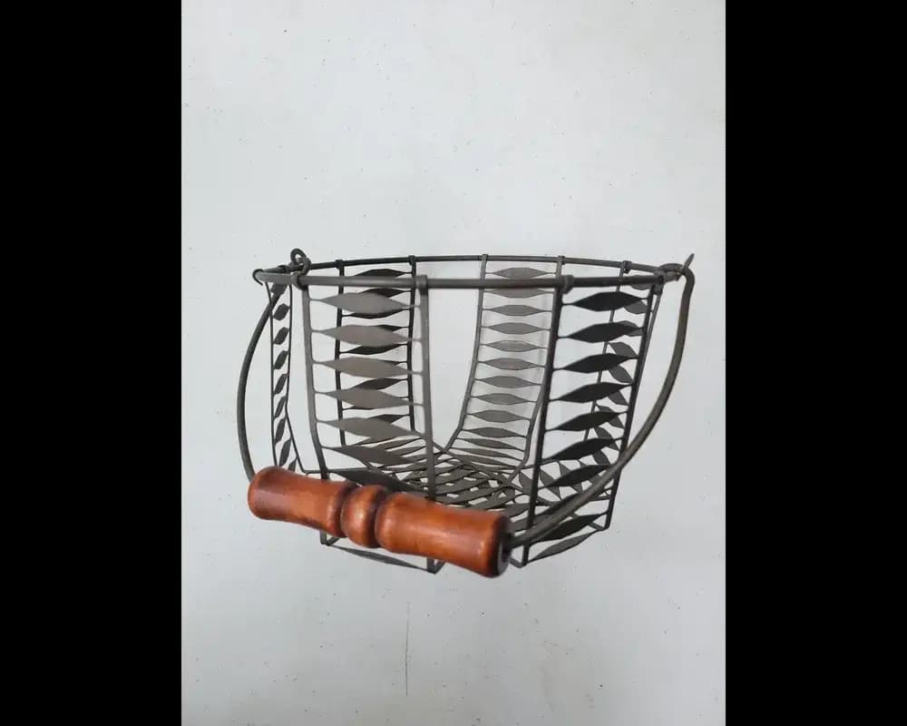 Vintage wire egg basket wood