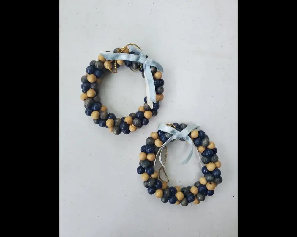 Blue wood bead wreath ornaments